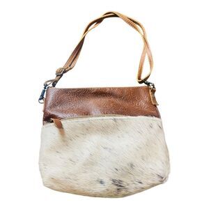 Myra Bag Brown White Leather Shoulder Crossbody Bag Adjustable Strap Lined Boho